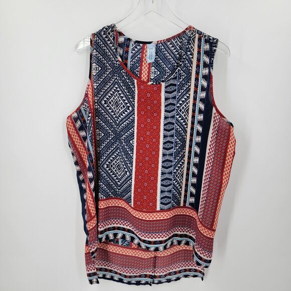 M Fasis By California Blue Blouse Women's Size 1X Colorful Split Back Semi Sheer - Picture 5 of 10